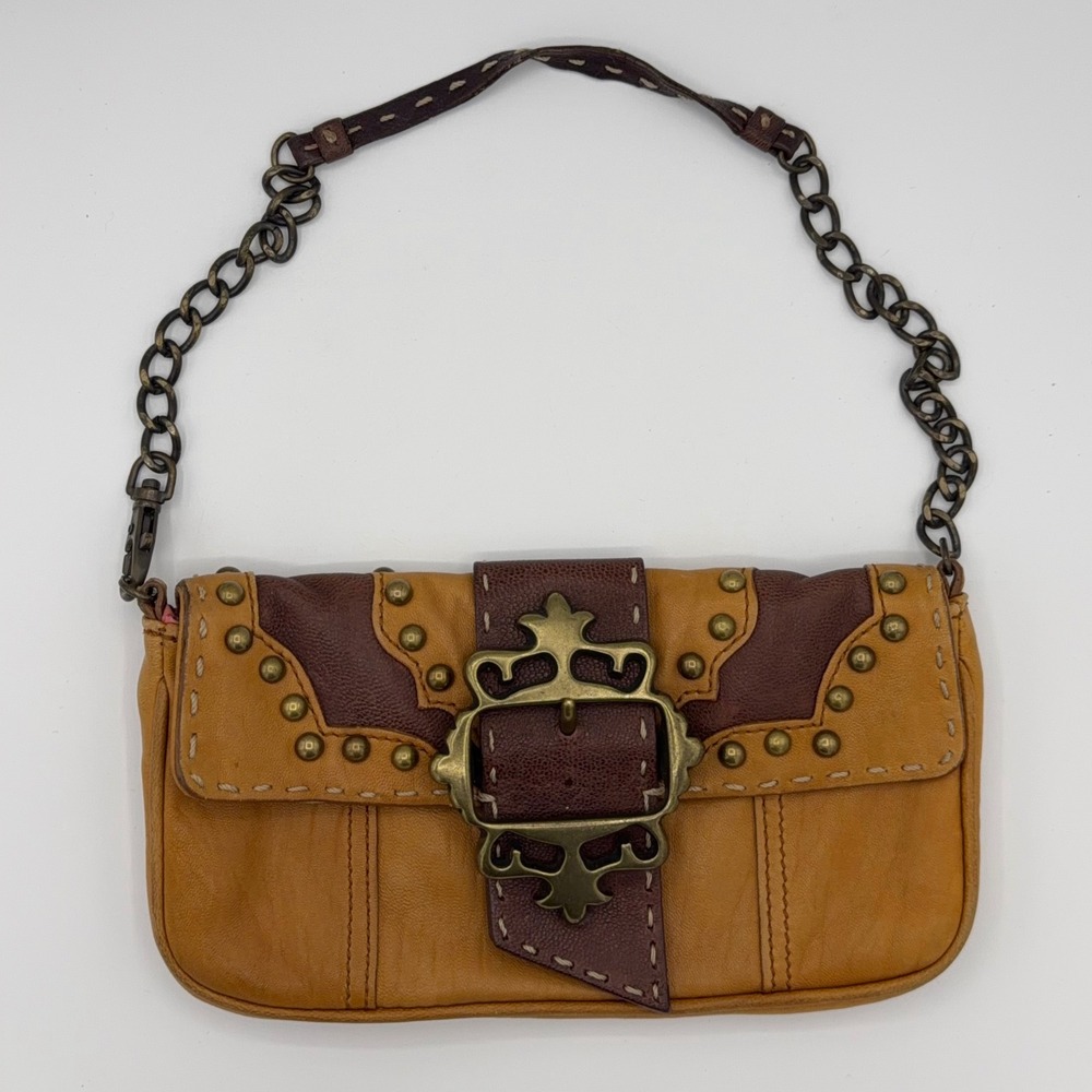 VTG Y2K Betsey Johnson Shoulder Bag Womens Small Leather Studded Buckle Clutch